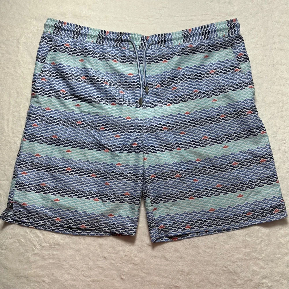 Peter Millar Swim Trunks Boat Print Drawstring Swim Shorts Blue Mens‎ Sz L *READ